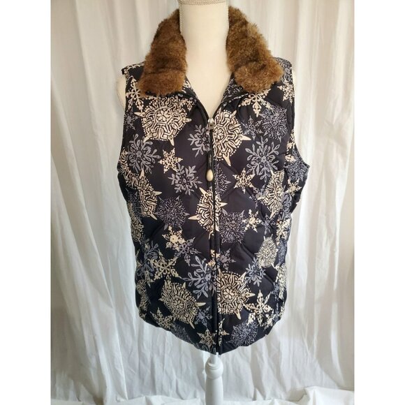 Eddie Bauer Down Vest Womens Large Navy Snowflake Print Full Zip Faux Fur Collar - Picture 2 of 16